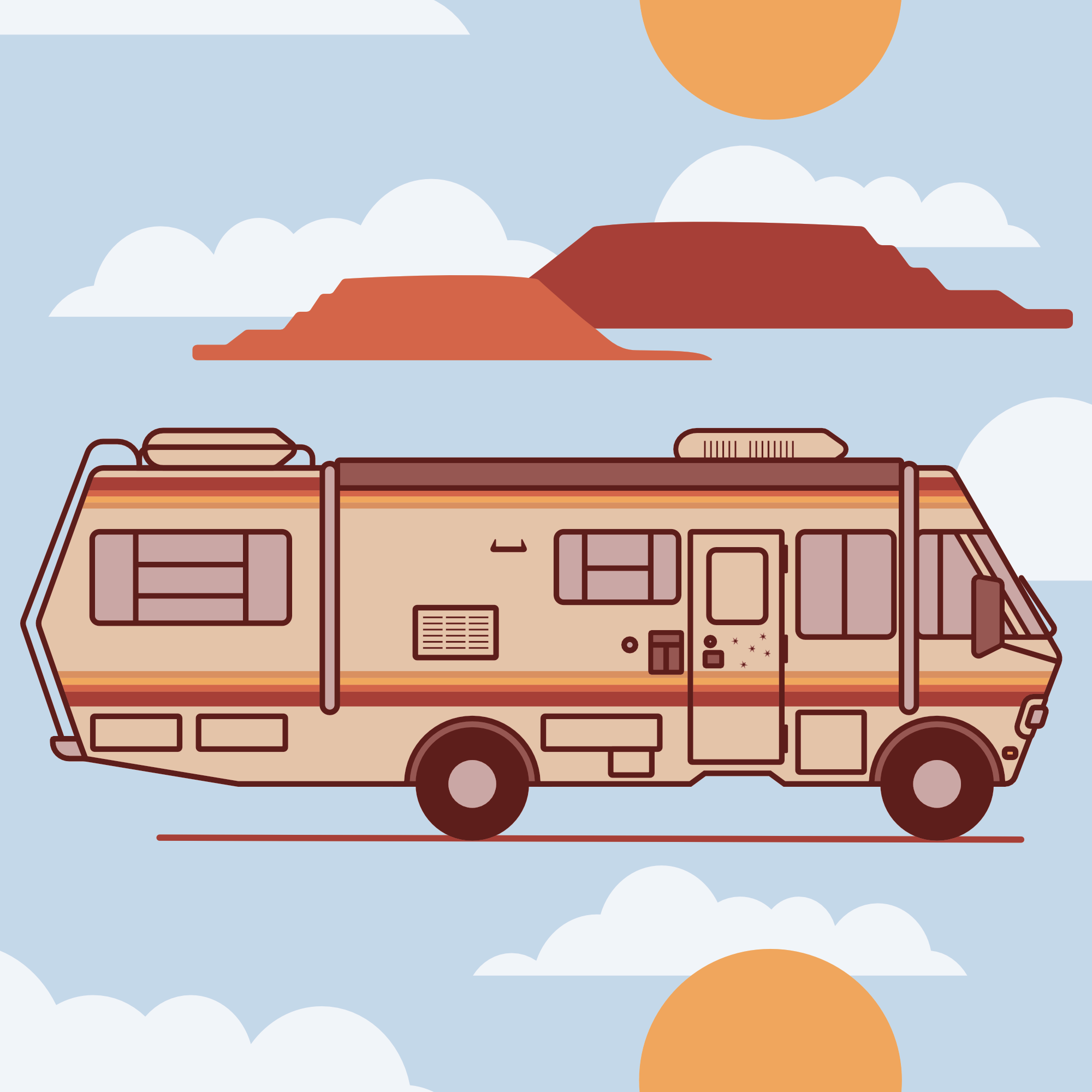 Original UpDog Gifts illustration of the RV beneath an Albuquerque desert sky
